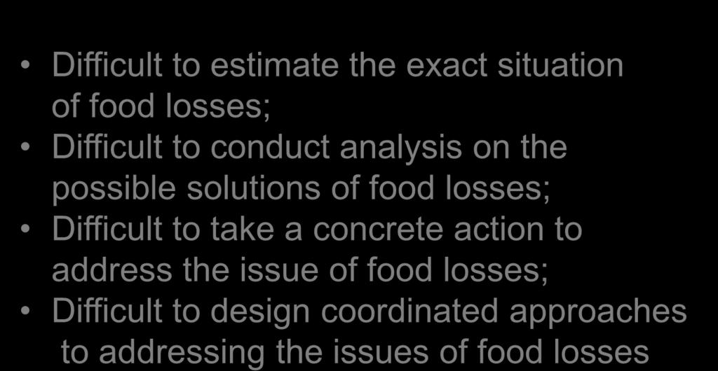 What Existing Research Show (2) Two Major Challenges Second, no standardized methodology for measuring food losses across the agricultural products Difficult to estimate the exact situation of food