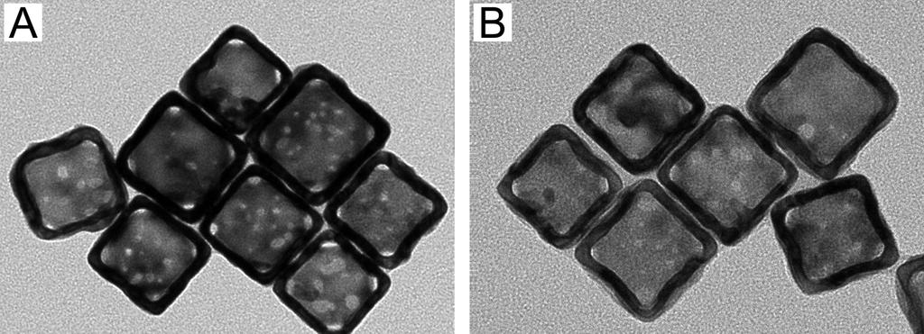 Figure S1. TEM images of (A) the as-prepared AuNCs and (B) AuNCs after loading with 1- tetradecanol and R6G.