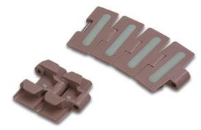 thermoplastic sideflexing chains WITH UE INSETS - HFL 880 TA SEIES TAVEL HFL 880 TA - HIGH FITION LINK Plates in self-lubricating acetal resin, light brown coloured, with a rubber insert.