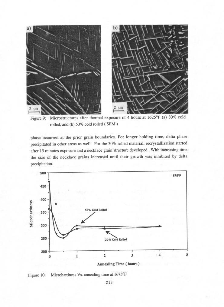 2% Figure 9: Microstructures after thermal exposure of 4 hours at 1625 F (a) 30% cold rolled, and (b) 50% cold rolled ( SEM ) phase occurred at the prior grain boundaries.