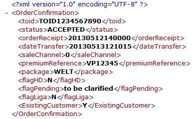 Figure 5-8 Example XML file of order confirmation notification And just as the typical flow of sales process for DT Call&Surf customer mentioned above, DT side should tell SMedia when the hardware of