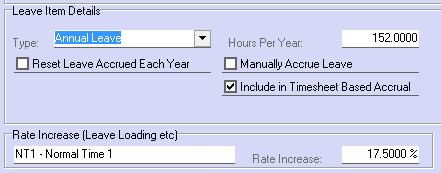 Creating a Leave Pay Item Check the Leave Item check box ON and this will activate the Leave Item Details section.