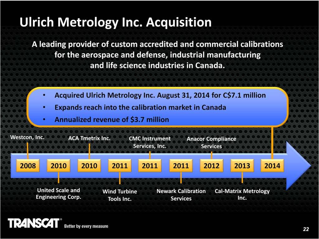 On August 29 th, we acquired Ulrich Metrology in Montreal, Canada.