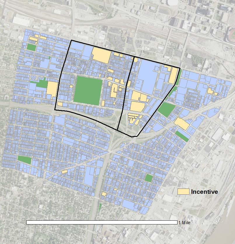 The following map depicts areas of TIF usage within the study area.