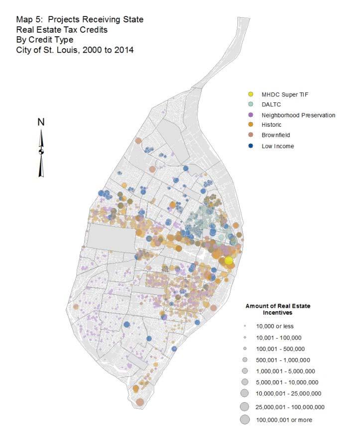 These maps show the distinct geographic pattern of incentive use during this period, with tax abatements spread throughout the City and TIF districts concentrated in the central portion of the City.