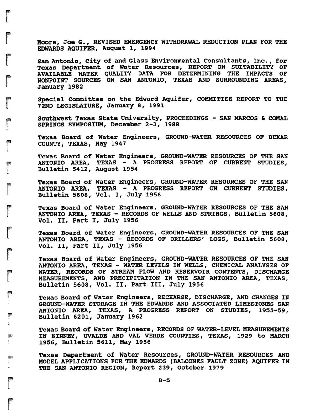 Mooe, Joe G. 1 REVSED EMERGENCY WTHDRAWAL REDUCTON PLAN FOR THE EDWARDS AQUFER, August 1, 1994 San Antonio, City of and Glass Envionmental Consultants, nc.