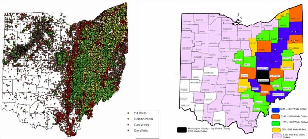 OIL AND GAS IN OHIO Ohio well spot map shows significant development in three of four Ohio quadrants, with a total of 264,232 oil and gas wells drilled in Ohio by year end 2011.
