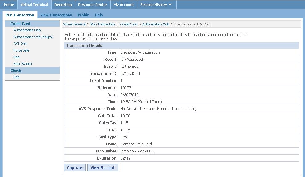 5.4.4 Authorization Transaction Details Screen Click Capture on the Transaction Details screen (Figure 5.4.4) The Capture Screen (Figure 5.4.5) will then populate with the sales information.