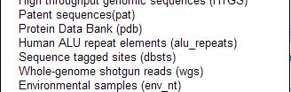 Sequence Databases nr: GenBank+EMBL+DDBJ+PDB (no EST, STS, GSS, or WGS, or PAT). est: Expressed Seq. tags. 34 billion seq.