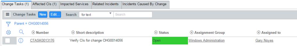 Figure 21 - Change Tasks tab (Verify CIs) The change record will remain open until all