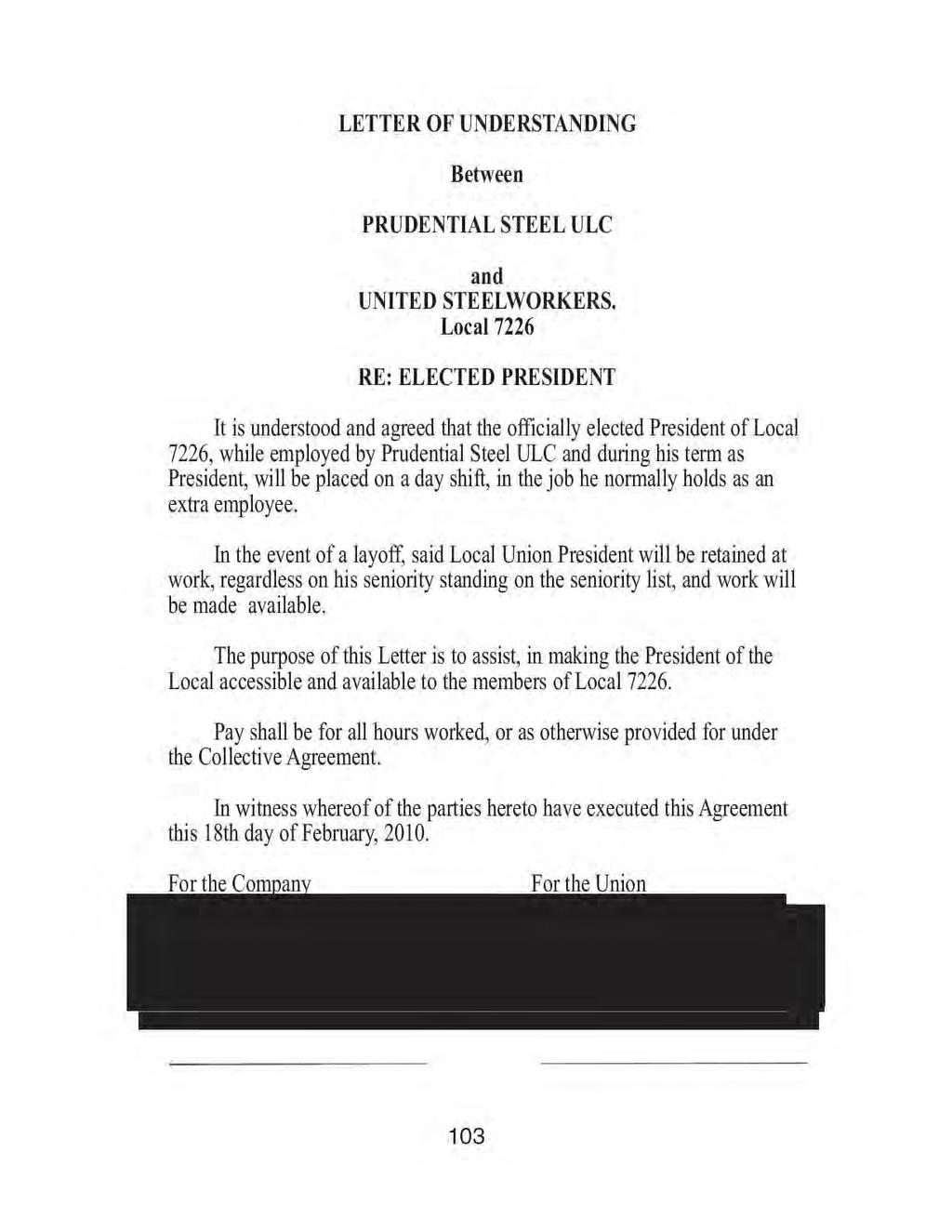 LETTER OF UNDERSTANDING Between PRUDENTIAL STEEL ULC and UNITED STEELWORKERS.