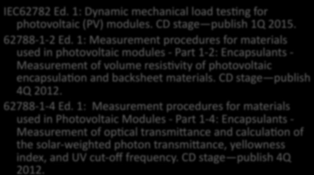 Working Group 2- - Modules non- Concen. IEC62782 Ed. 1: Dynamic mechanical load tesdng for photovoltaic (PV) modules. CD stage publish 1Q 2015. 62788-1- 2 Ed.