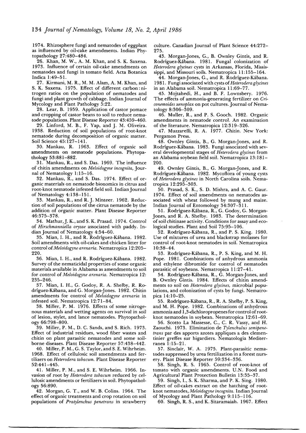 134 Journal of Nematology, Volume 18, No. 2, April 1986 1974. Rhizosphere fungi and nematodes of eggplant as influenced by oil-cake amendments. Indian Phytopathology 27:480-484. 26. Khan, M.