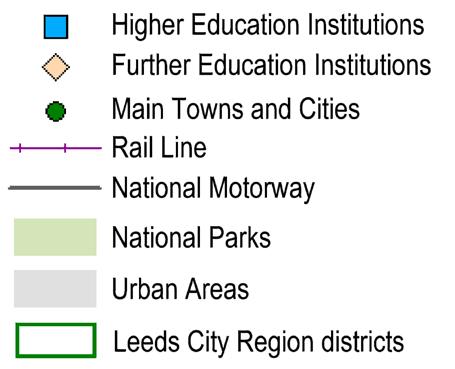 The map shows the City Region area, its key sectoral assets, its exceptional concentration of universities, and the principal transport routes.