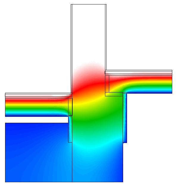 Because of its location on the room side of the house wall and by adding perimeter insulation on the bearing wall, the thermal bridge can be reduced, as shown in the figure below.