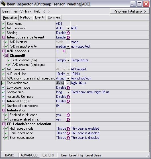Processor Expert Floating-Point Implementation Figure 3. ADC Bean Parameters The Bean Inspector view displays the ADC configuration necessary to perform a temperature reading.