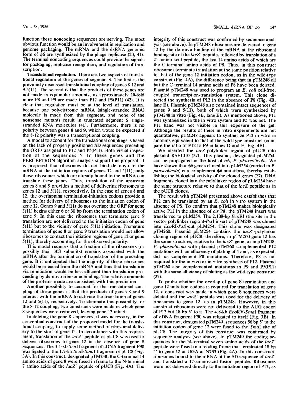 VOL. 58, 1986 function these noncoding sequences are serving. The most obvious function would be an involvement in replication and genome packaging.