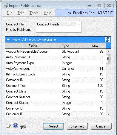 CHAPTER 2: USING SUBSCRIPTION BILLING IMPORTER For your convenience this lookup window can be pinned down. You must list the fields in the order in which they are found in your input data text file.