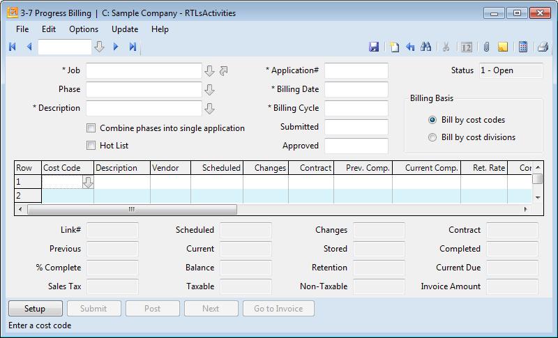 Manage Progress Billing Sage 100 Contractor Progress Billing Overview Like most of Sage 100 Contractor windows, 3-7 Progress Billing has a header portion that includes menu items and buttons that