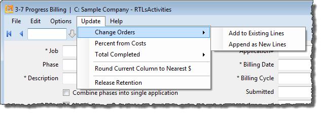 Billing Manage Progress Billing Update Options Update > Change Orders > Add to Existing Lines or Append as New Lines: Change orders are added to line items with the same cost codes.