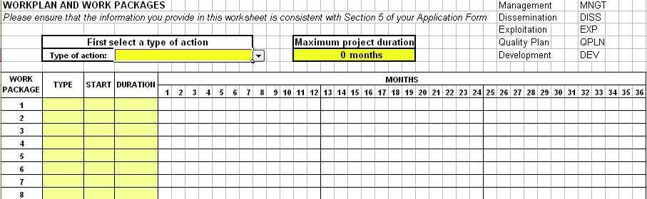 Sheet 1: Timetable This is the blank Timetable worksheet: You need to enter data for each of the workpackages that you have identified in Section 5 of the Application Form: - First, select the Type