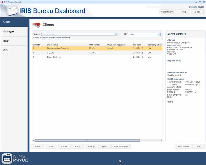 Getting to know your IRIS Bureau Payroll Bureau Dashboard IRIS Bureau Payroll has been designed with an intuitive Bureau Dashboard feature to improve the management and processing of multiple Clients