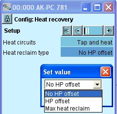 Heat Reclaim There are 4 different heat reclaim control solutions in the system: Hot tap water Heat Reclaim, no HP offset (Pgc) Heat Reclaim, fixed HP offset Heat Reclaim, variable HP offset and Gas