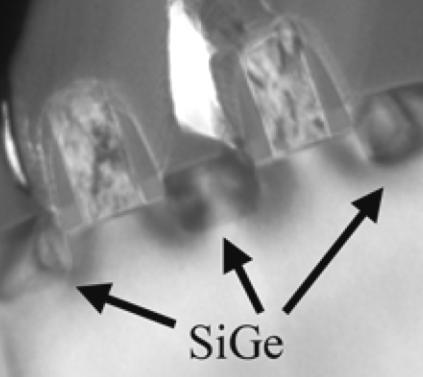 SEM photo and SiGe grow rate SiGe epi growth rate in S/D is dependent on pattern density Base on (100) wfr and 15% Ge pmos