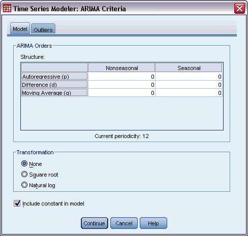 11 Time Series Modeler Model Specification for Custom ARIMA Models Figure 2-5 ARIMA Criteria dialog box, Model tab The Model tab allows you to specify the structure of a custom ARIMA model.