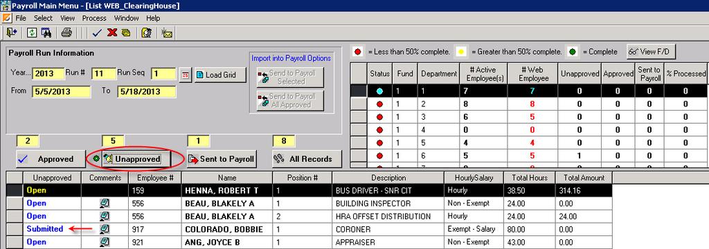 Section B has the green indicator by the Sent to Payroll button, the grid in Section C lists the Timesheets sent to Payroll.