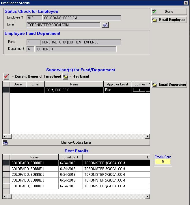 associated with the employee timesheet in the upper grid, email history in the lower grid and the option to email the supervisor or the employee.