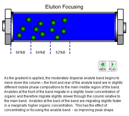 The main reason for the narrow peak shape is the velocity of the peak as it leaves the column. During gradient elution, all compounds accelerate through the column and thus elute at a high velocity.
