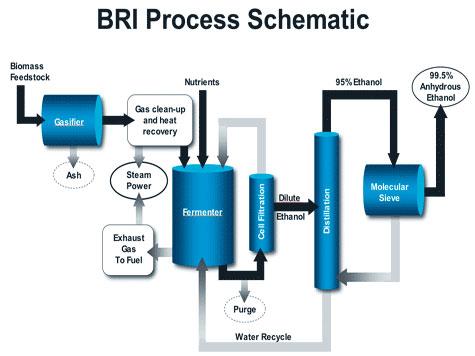 Biomass derived syngas and uses 102 Figure 2. The process used by BRI by which syngas generated from the gasification of biomass is converted into ethanol. From Henstra AM, et al.
