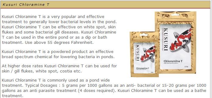 Caution: Please check your ph and KH prior to using as Chloramine T can be very toxic in soft water.