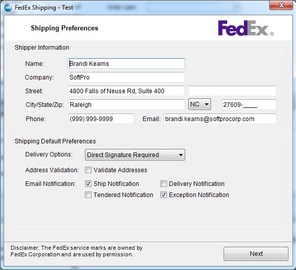The first time you access FedEx Shipping you will be taken to the Shipping Preferences screen. Your contact information will be pre-populated based upon your SoftPro 360 registration.
