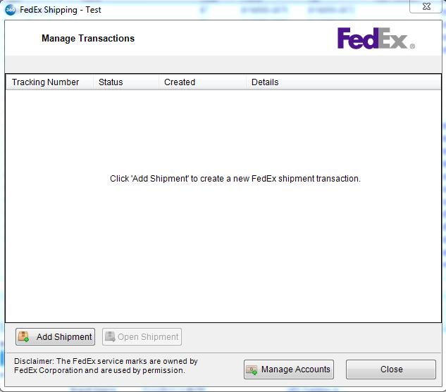 For subsequent uses of FedEx Shipping when a shared account already exists, the Manage Transactions screen will be the first screen displayed.