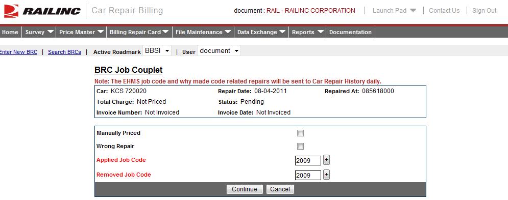 Billing Repair Card Rebuttal o Repairing Party o Repairing Party Invoice Nbr o Repairing Party Doc. Ref. Nbr 5. In the Job Codes section, select the Add New Line button.