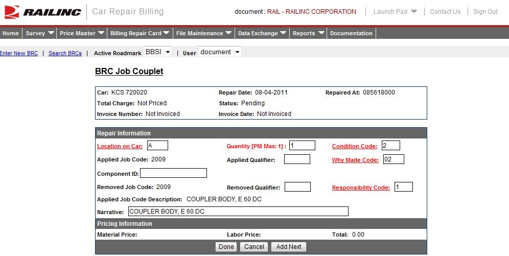 Billing Repair Card b. Enter a partial Job Code, select a Rule Number from the drop-down, or enter a partial description. Select Search.
