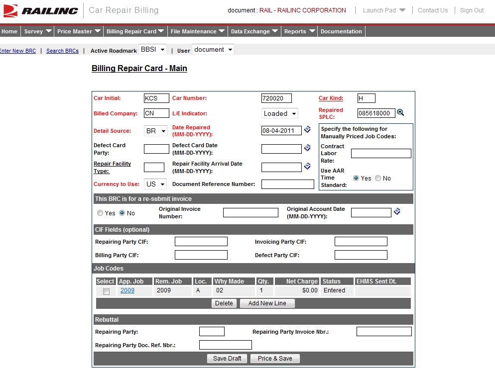 Billing Repair Card Exhibit 12. BRC Completed with Job Codes 12. On the Billing Repair Card Main page, select Price & Save.