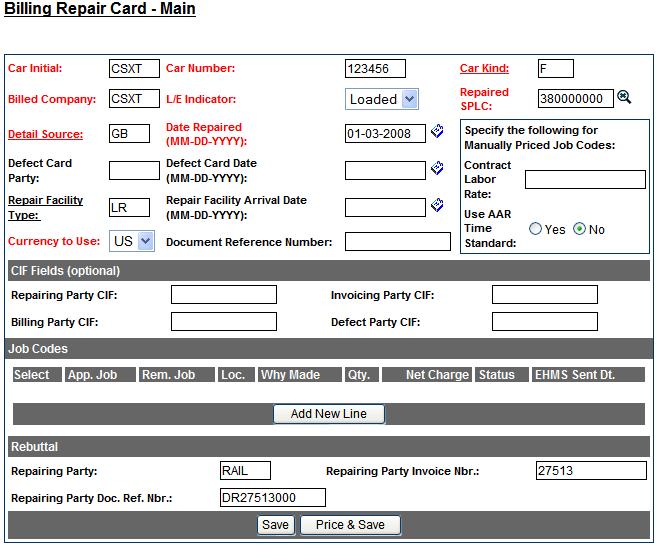BRC Examples Repairing Party Document Reference Number must be set to the repairing party s document reference number Exhibit 50. Example (BRC for Group Billable Repairs) 3. Select Add New Line. 4.