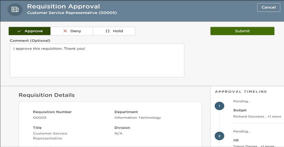 6. On the Approve/Deny Requisitions screen, select Approve from the menu options and enter comments, if necessary.