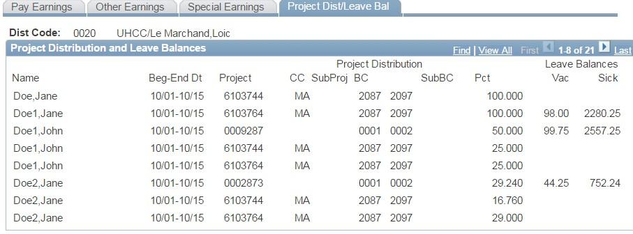 Similar to the Other Earnings panel, the user is able to use up to three codes per employee. Step 12: Click on the Project Dist/Leave Bal panel.