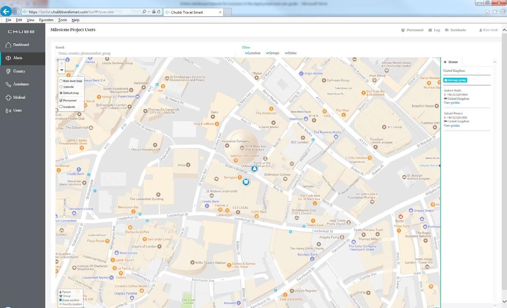 The map shows the locations of your employees. At this level you can see where individual employees and groups are located.