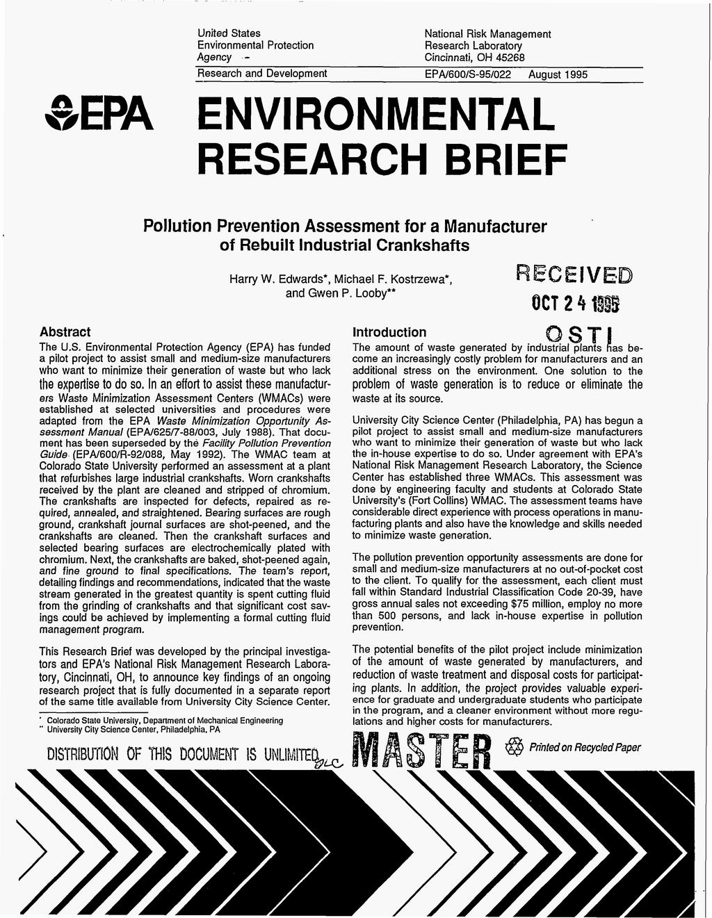 United States Environmental Protection Agency National Risk Management Research Laboratory Cincinnati, OH 45268 - h ^EPA v -Research and Development EPA/6/S-95/22 August 1995 ENVRONMENTAL RESEARCH