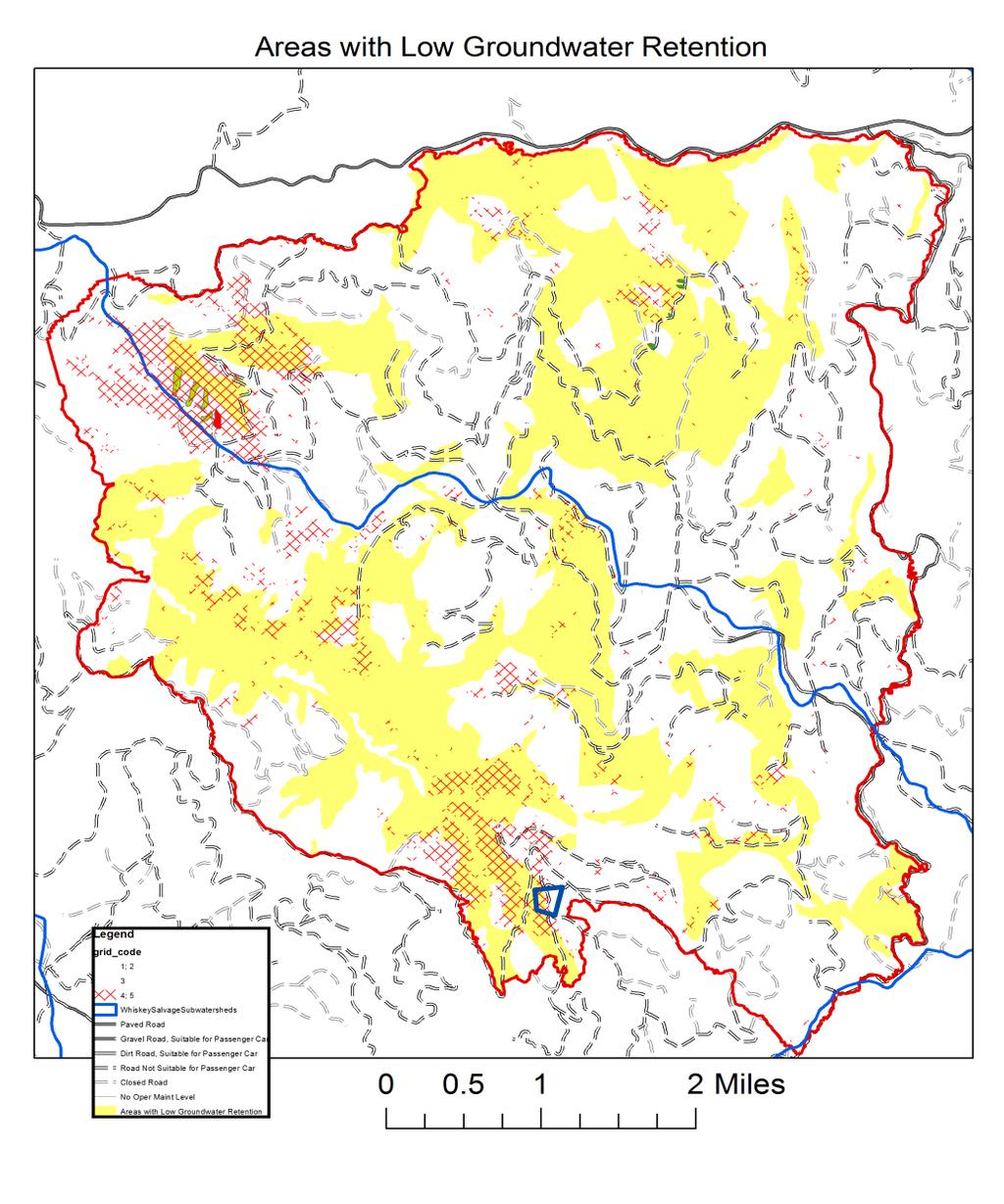 Figure 53. Areas of low storm water retention and groundwater storage capacities within the Whiskey Salvage Planning Area.