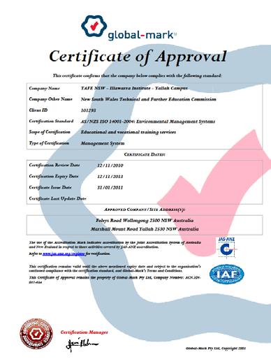 Environmental Management System ISO:14001 certification November 2010 TAFE environmental