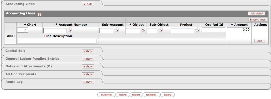 Accounting Lines Tab Use the Accounting Lines to allocate the deposit to one or more department s accounts. The Accounting Lines must total the Cash Reconciliation Total.