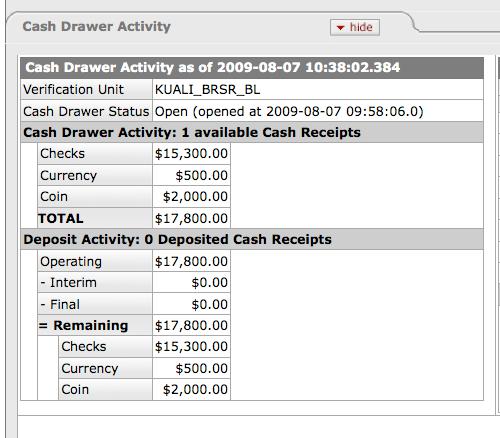 Cash Drawer Activity Tab The total number and the amount of the approved Cash Receipts are displayed in the Cash Drawer Activity tab.