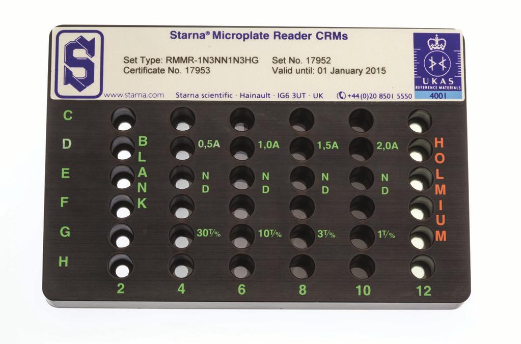 Microplate Reader Visible Reference Plate Description: Certified Wavelengths: 96 well microplate validation filters for wavelength and absorbance scales, NIST Traceable complete with UKAS ISO/IEC