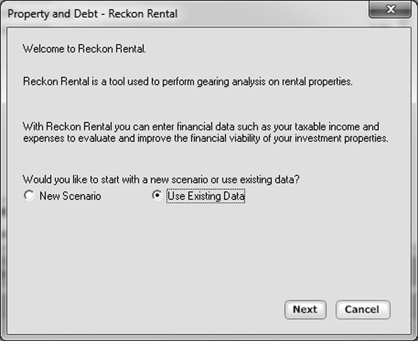 2. In this window, select Use Existing Data and click Next. Note that you may only be able to select the New Scenario option if you have purchased the full version of the Reckon Rental Professional.